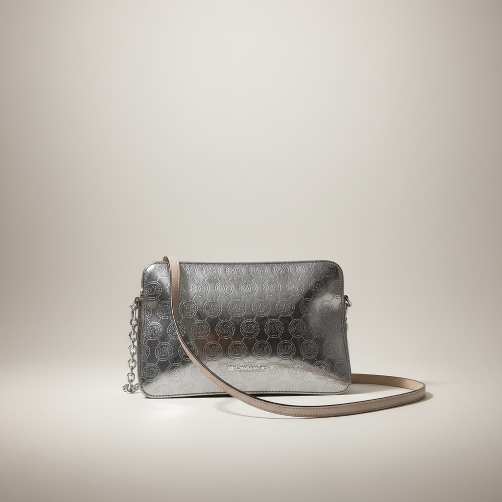 Michael Kors Metallic Silver Crossbody Bag and Handmade Bag Necklace Chain - Picture 2 of 13
